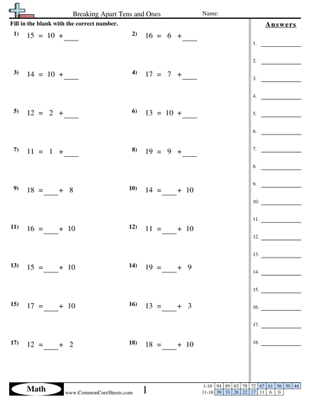 Addition Worksheets - Breaking Apart Tens and Ones worksheet